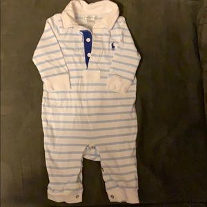 Blue and white striped one piece suit